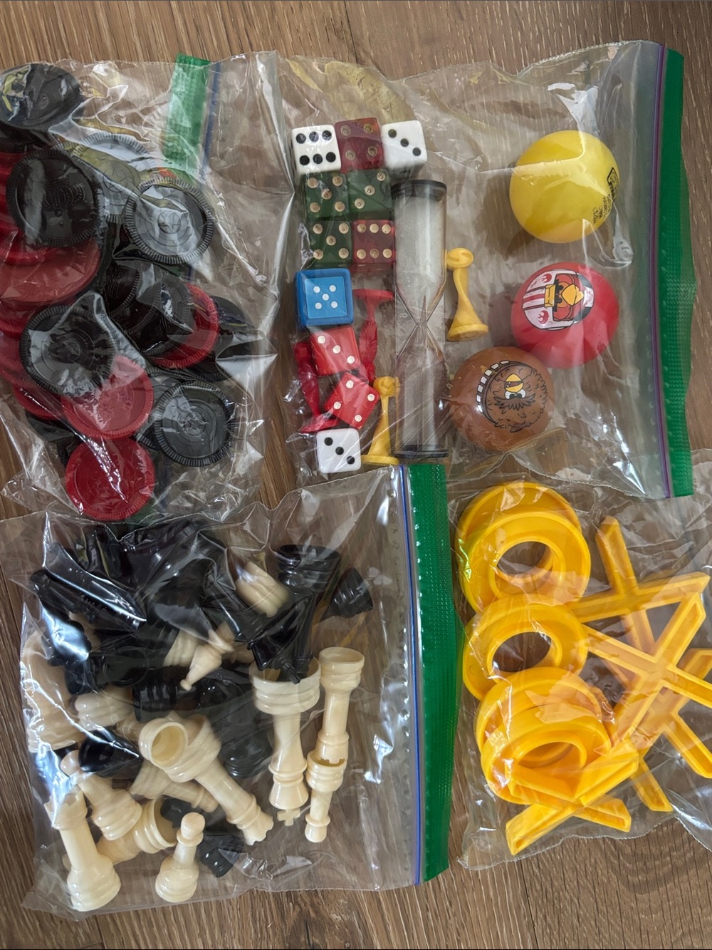 Assorted Kids Game Pieces Bundle - dice, timer, x o's, chess and checkers.